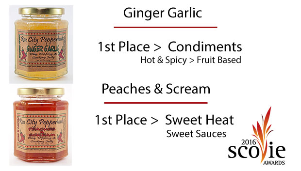 Scovie prize winning pepper jelly ginger garlic and peaches and scream